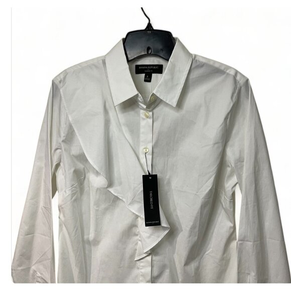 BANANA REPUBLIC White Tailored Fit Long Sleeve Button-Up Ruffle Blouse Size 8 - Picture 2 of 13